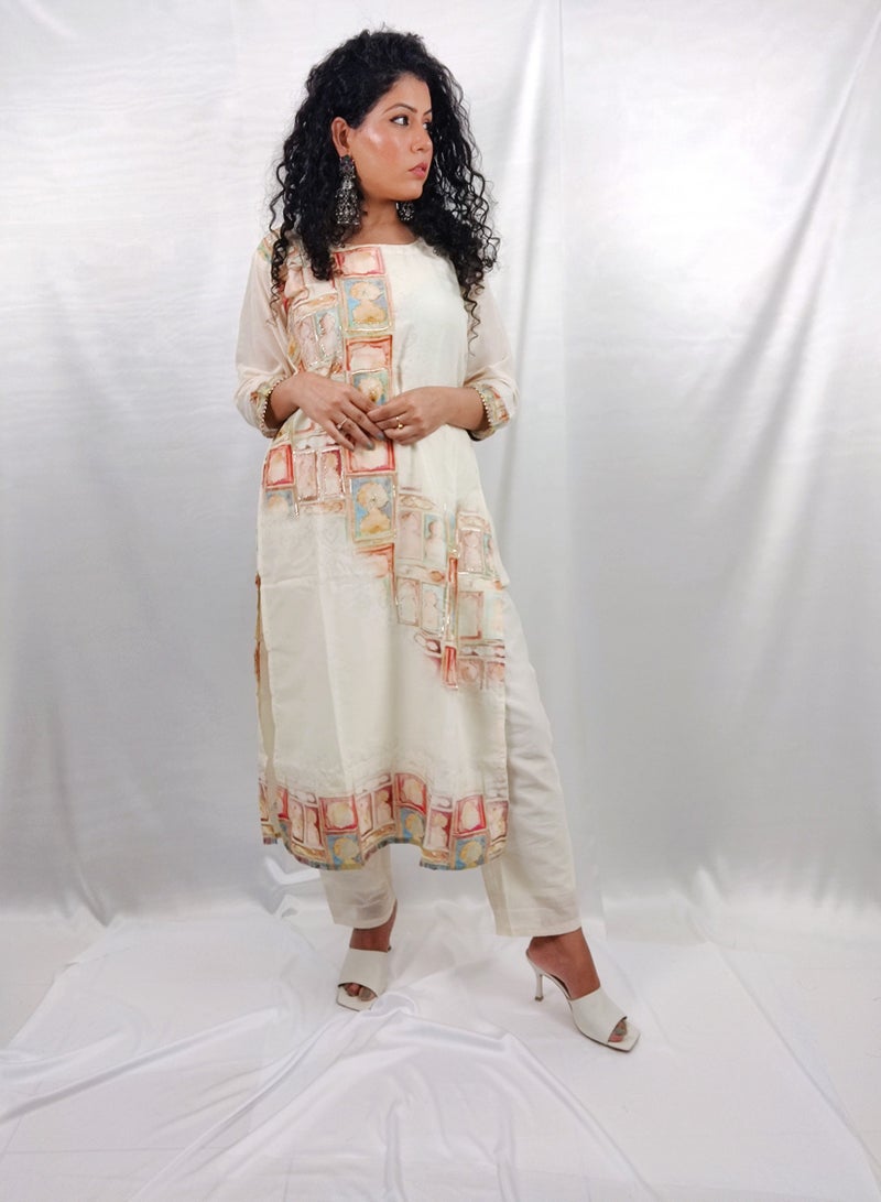 PRIYA'S PANACHE Muslin Fabric White Digital Print Kurta Pant Dupatta Set - Designer Festival Traditional Ethnic Indian Partywear For Women