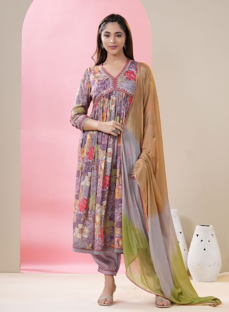 PRIYA'S PANACHE Chinon Fabric Alia style Floral Print Flared Kurta Pant Dupatta Set