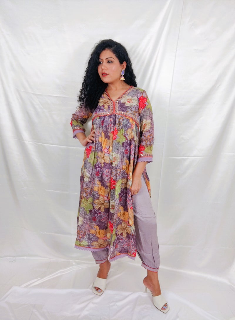 PRIYA'S PANACHE Chinon Fabric Alia style Floral Print Flared Kurta Pant Dupatta Set