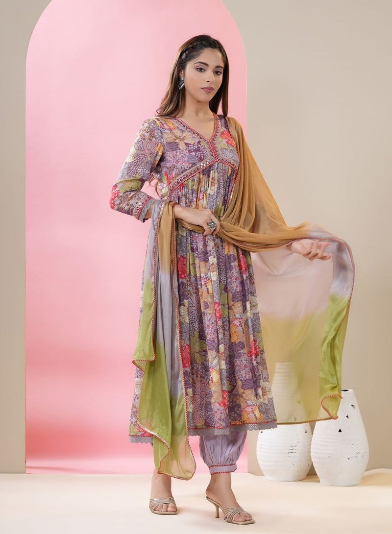 PRIYA'S PANACHE Chinon Fabric Alia style Floral Print Flared Kurta Pant Dupatta Set