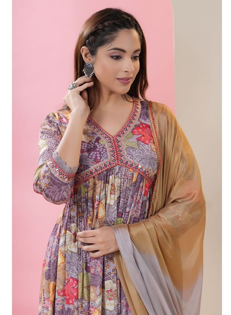 PRIYA'S PANACHE Chinon Fabric Alia style Floral Print Flared Kurta Pant Dupatta Set