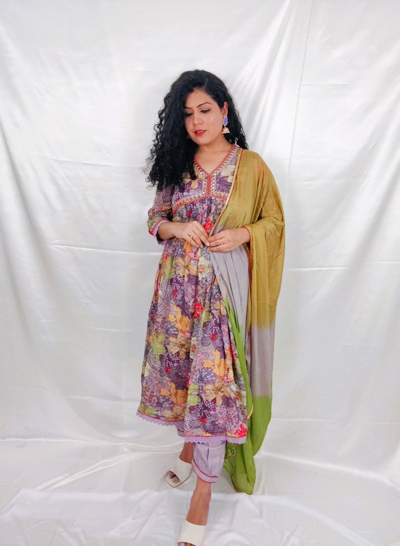 PRIYA'S PANACHE Chinon Fabric Alia style Floral Print Flared Kurta Pant Dupatta Set