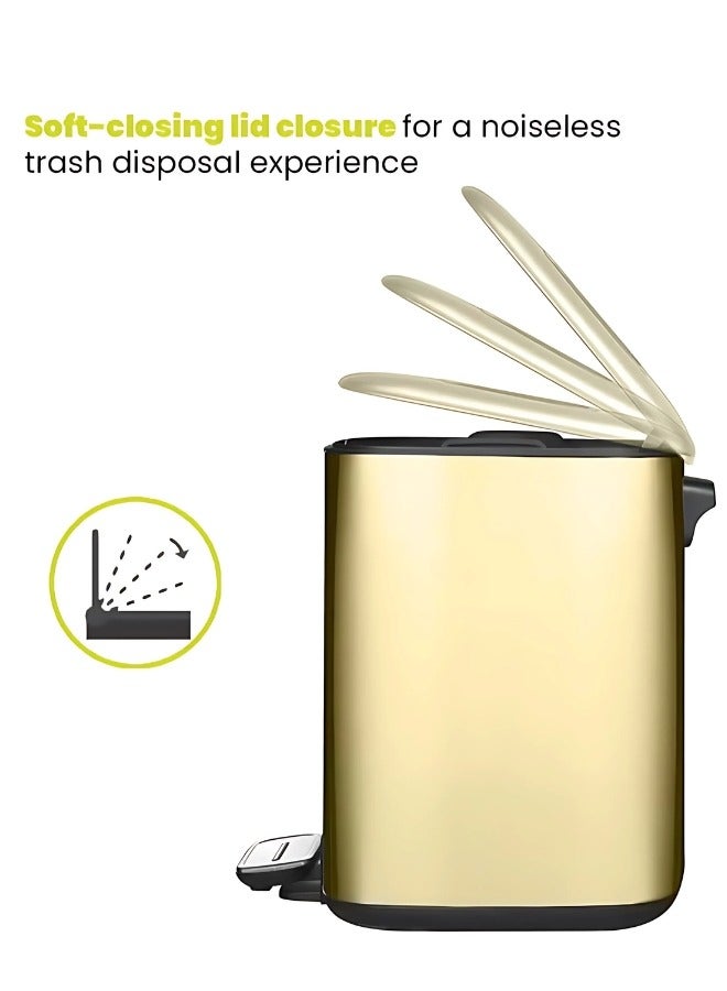 REGENT SERIES | Brushed Stainless Steel Finish | Soft-Closing | Fingerprint-Resistant | Pedal Trash & Garbage Bin, Champagne Gold, 9 Liters