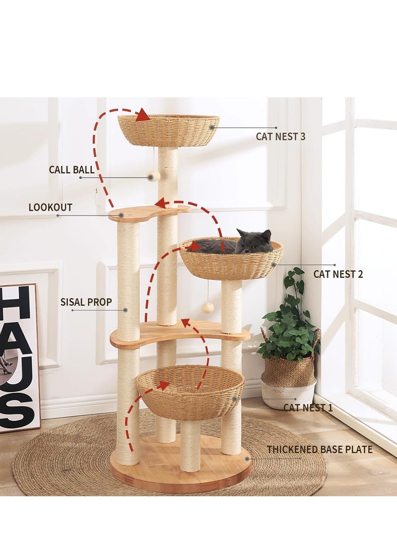 Modern Cat Tree Tower for Indoor Cats  Solid Oak Cat Scratching Tree for Multiple Large Cats Manual Hand Woven Luxury Cat Condo, Unique High-end Design Cat Furniture Activity Centre, Easy Clean