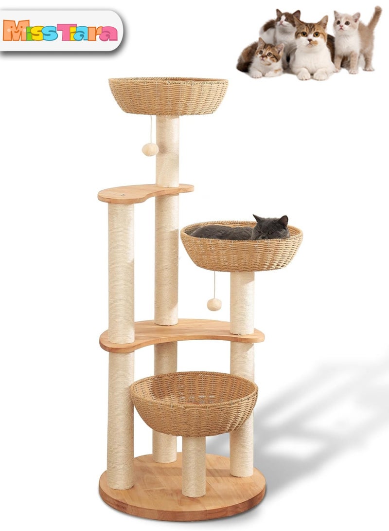 Modern Cat Tree Tower for Indoor Cats  Solid Oak Cat Scratching Tree for Multiple Large Cats Manual Hand Woven Luxury Cat Condo, Unique High-end Design Cat Furniture Activity Centre, Easy Clean