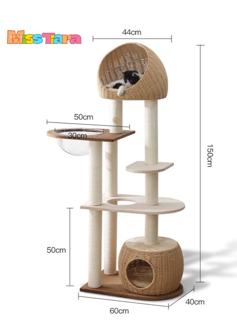 Modern Cat Tree Tower for Indoor Cats  Solid Oak Cat Scratching Tree for Multiple Large Cats Manual Hand Woven Luxury Cat Condo, Unique High-end Design Cat Furniture Activity Centre, Easy Clean