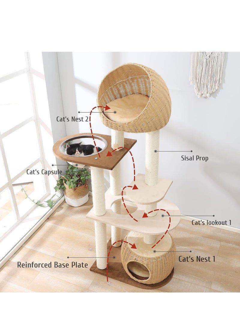 Modern Cat Tree Tower for Indoor Cats  Solid Oak Cat Scratching Tree for Multiple Large Cats Manual Hand Woven Luxury Cat Condo, Unique High-end Design Cat Furniture Activity Centre, Easy Clean