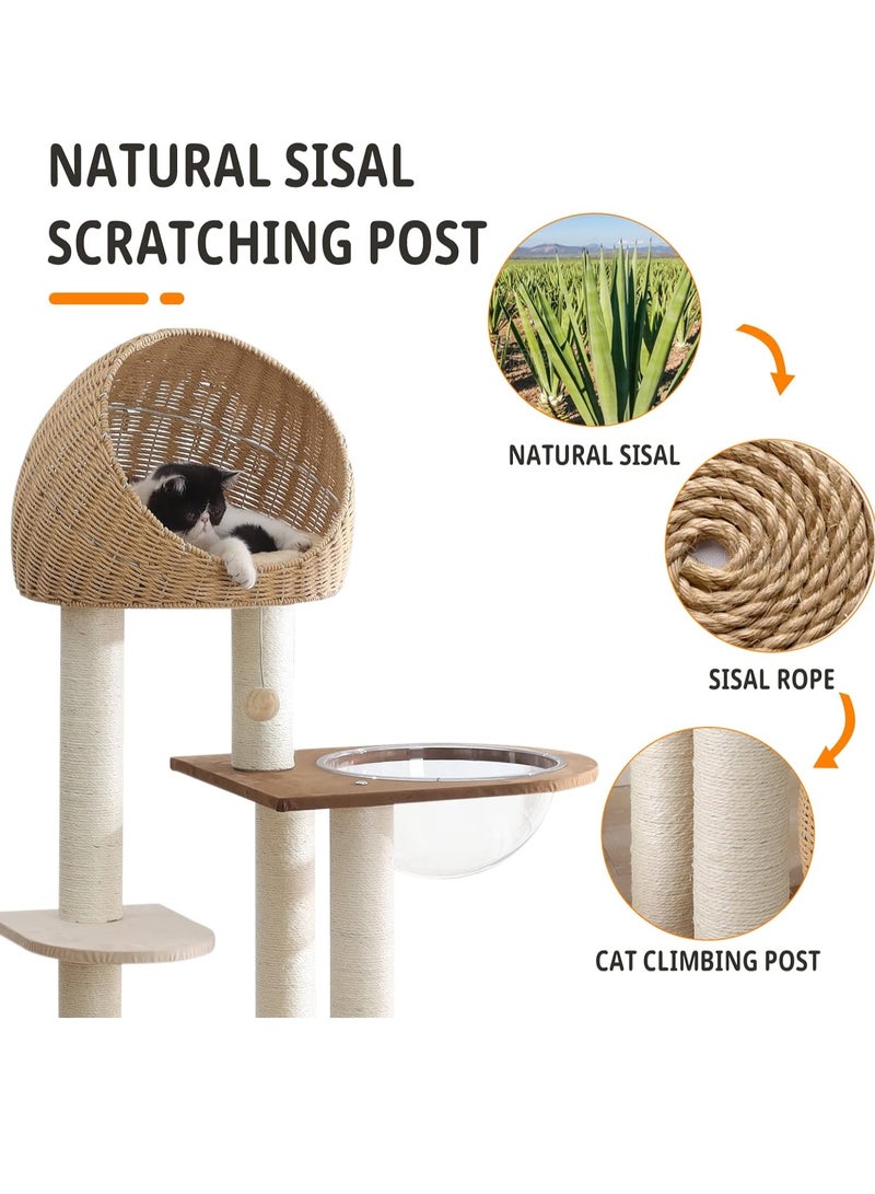 Modern Cat Tree Tower for Indoor Cats  Solid Oak Cat Scratching Tree for Multiple Large Cats Manual Hand Woven Luxury Cat Condo, Unique High-end Design Cat Furniture Activity Centre, Easy Clean