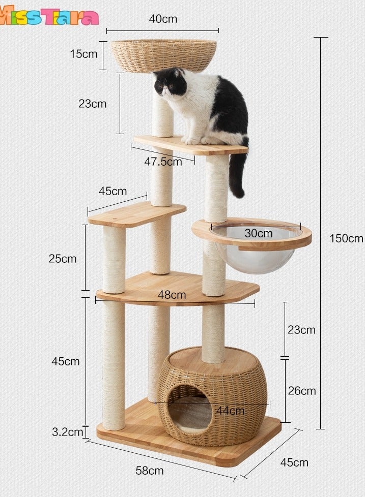 Modern Cat Tree Tower for Indoor Cats  Solid Oak Cat Scratching Tree for Multiple Large Cats Manual Hand Woven Luxury Cat Condo, Unique High-end Design Cat Furniture Activity Centre, Easy Clean