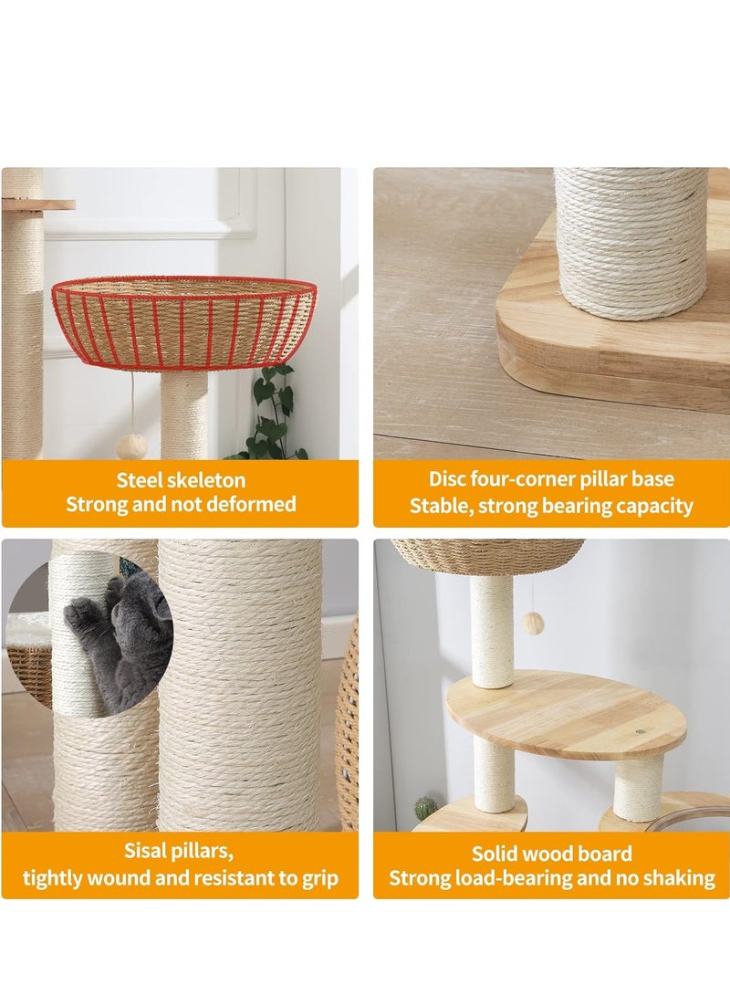 Modern Cat Tree Tower for Indoor Cats  Solid Oak Cat Scratching Tree for Multiple Large Cats Manual Hand Woven Luxury Cat Condo, Unique High-end Design Cat Furniture Activity Centre, Easy Clean