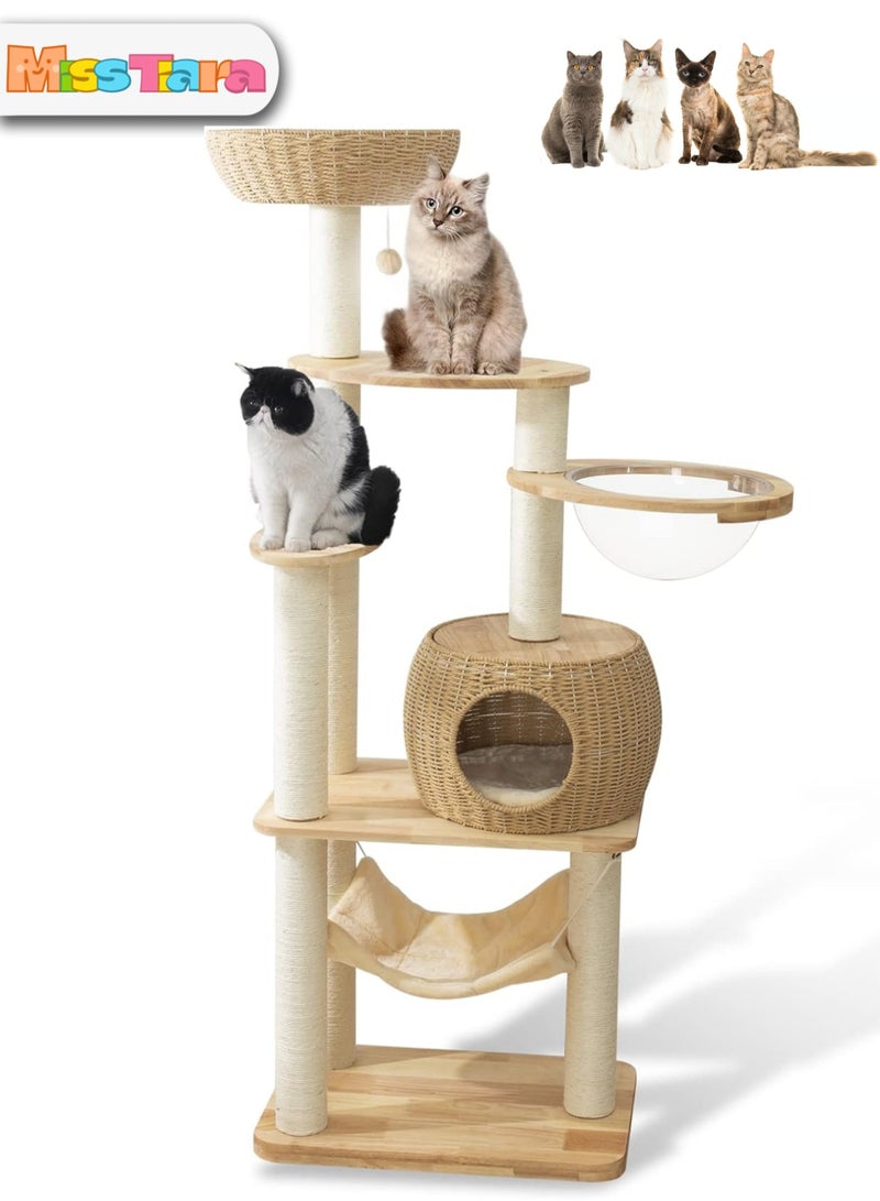 Modern Cat Tree Tower for Indoor Cats  Solid Oak Cat Scratching Tree for Multiple Large Cats Manual Hand Woven Luxury Cat Condo, Unique High-end Design Cat Furniture Activity Centre, Easy Clean