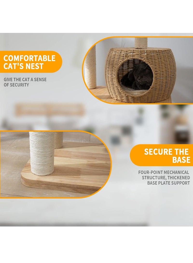 Modern Cat Tree Tower for Indoor Cats  Solid Oak Cat Scratching Tree for Multiple Large Cats Manual Hand Woven Luxury Cat Condo, Unique High-end Design Cat Furniture Activity Centre, Easy Clean