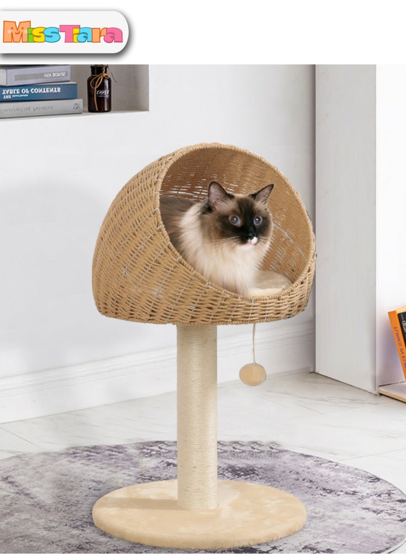 Modern Cat Tree Tower for Indoor Cats Solid Oak Cat Scratching Tree for Cats Manual Hand Woven Luxury Cat Condo, Unique High-end Design Cat Furniture Activity Centre, Easy Clean