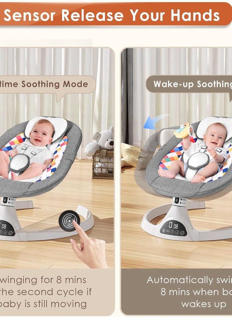 Ixdregan Baby Swing - 5 Sway Speeds, 12 Lullabies & Bluetooth | Portable Baby Rocker with Remote Control, Soft Safe Fabrics, 3 Timer Settings | Ideal for Infants 5-20lbs, Grey