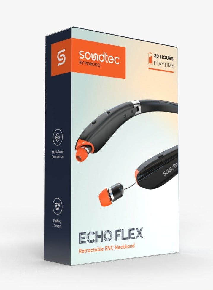 Echo Flex Bluetooth Neck Band with Extendable Earbuds / Crystal Clear Audio / High-Clarity Mic / Retractable ENC Neckband - Black