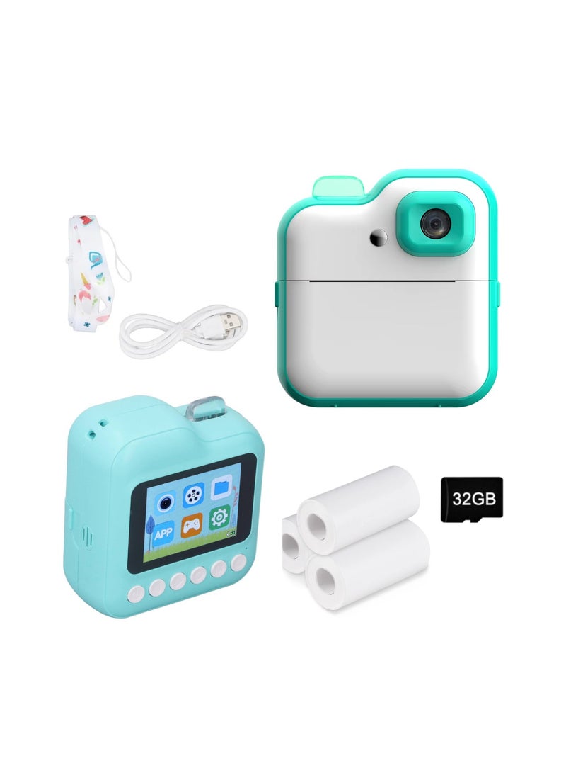 Digital Camera For Kids 48MP Kids Camera With 32GB SD Card Full HD 1080P Cameras Mini Kids Camera With Instant Print Thermal Printer With 3 Thermal Rolls 2.4Inch Eye Protect Screen Camera Green