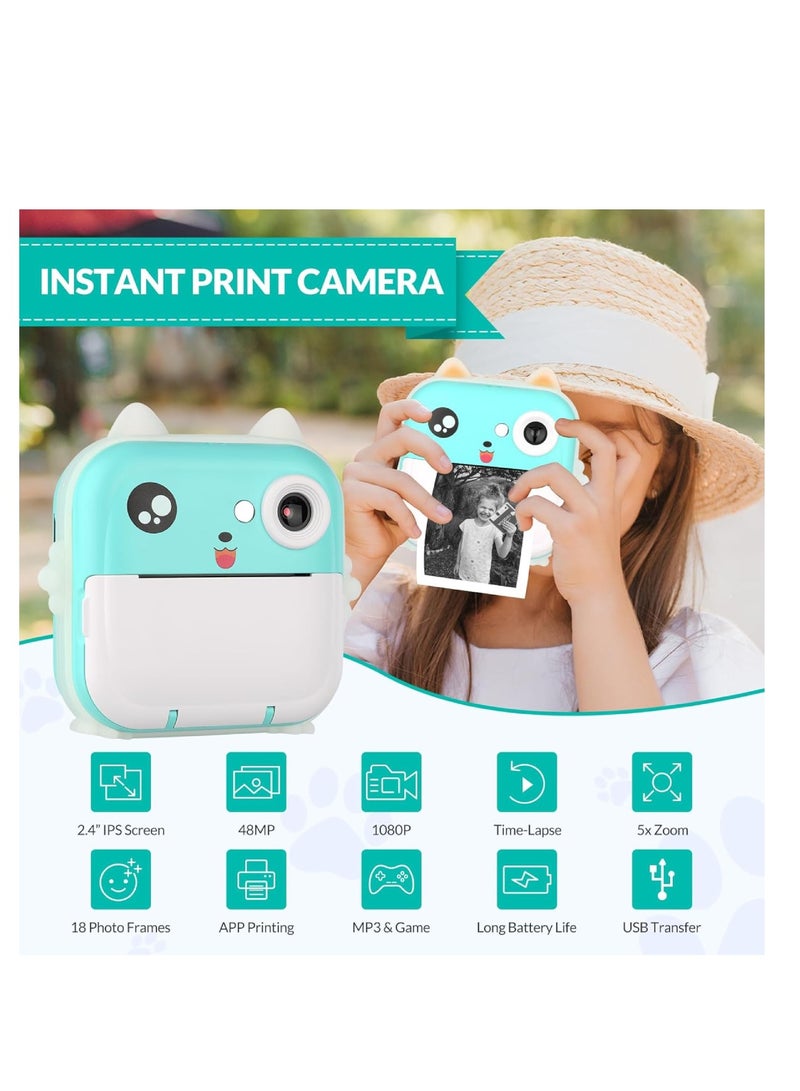 Digital Camera For Kids 48MP Kids Camera With 32GB SD Card Full HD 1080P Cameras Mini Kids Camera With Instant Print Thermal Printer With 3 Thermal Rolls 2.4Inch Eye Protect Screen Selfie Camera