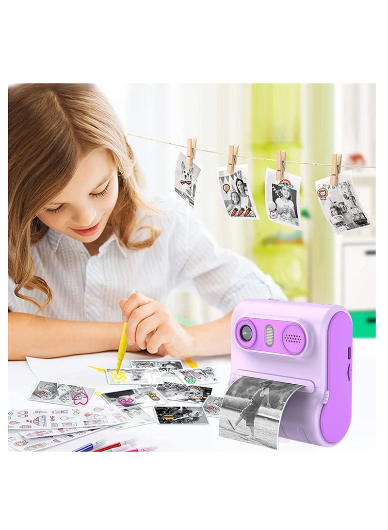 Digital Camera For Kids 46MP Kids Camera With 32GB SD Card Full HD 1080P Cameras Mini Kids Camera With Instant Print Thermal Printer With 3 Thermal Rolls 2.4Inch Eye Protect Screen With Speaker Purple