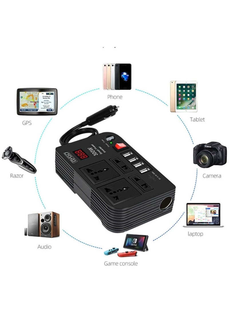 300W Car Power Inverter DC 12V/24V to 220V AC with 4 USB Ports Fast Charging with 2 Universal Sockets with Multifunctional LED Display Photovoltaic Inverter