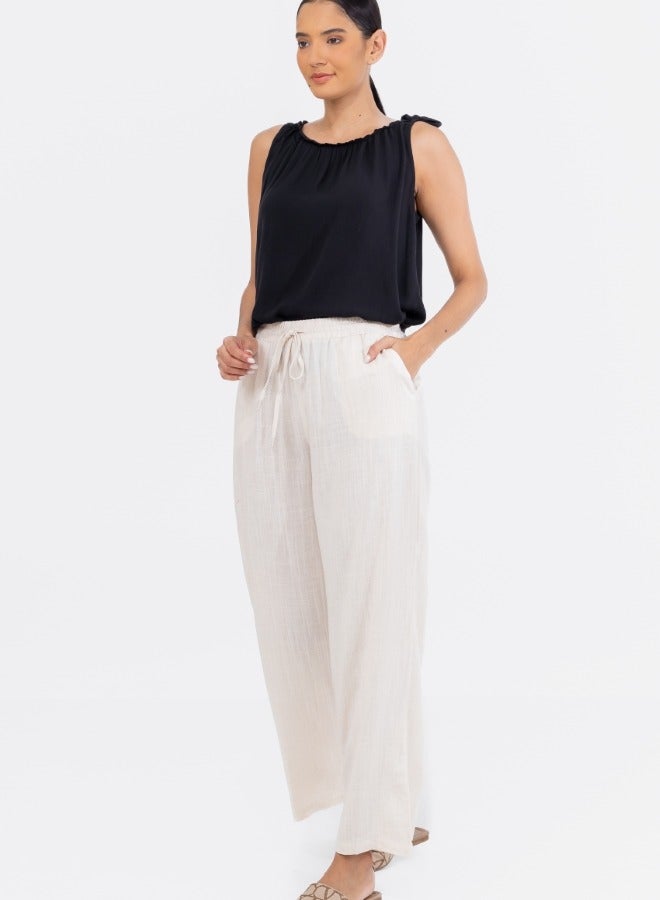 High-Waisted Wide Leg Drawstring Linen Pants