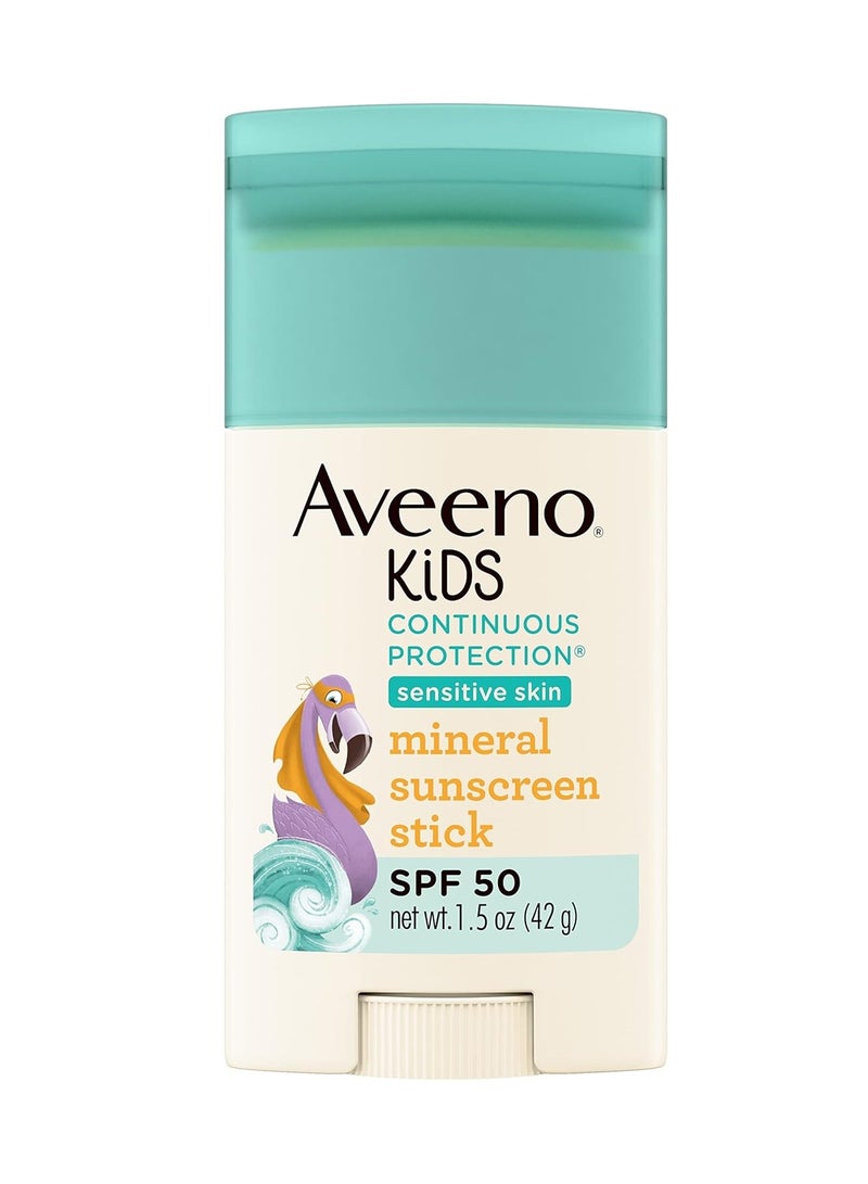 Aveeno Kids Continuous Protection Zinc Oxide Mineral Sunscreen Stick for Sensitive Skin, Face & Body Sunscreen Stick for Kids with Broad Spectrum SPF 50, Sweat- & Water-Resistant, 42g