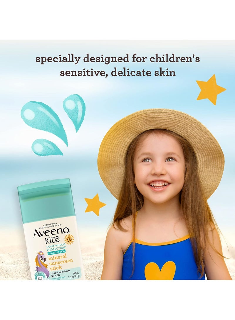 Aveeno Kids Continuous Protection Zinc Oxide Mineral Sunscreen Stick for Sensitive Skin, Face & Body Sunscreen Stick for Kids with Broad Spectrum SPF 50, Sweat- & Water-Resistant, 42g