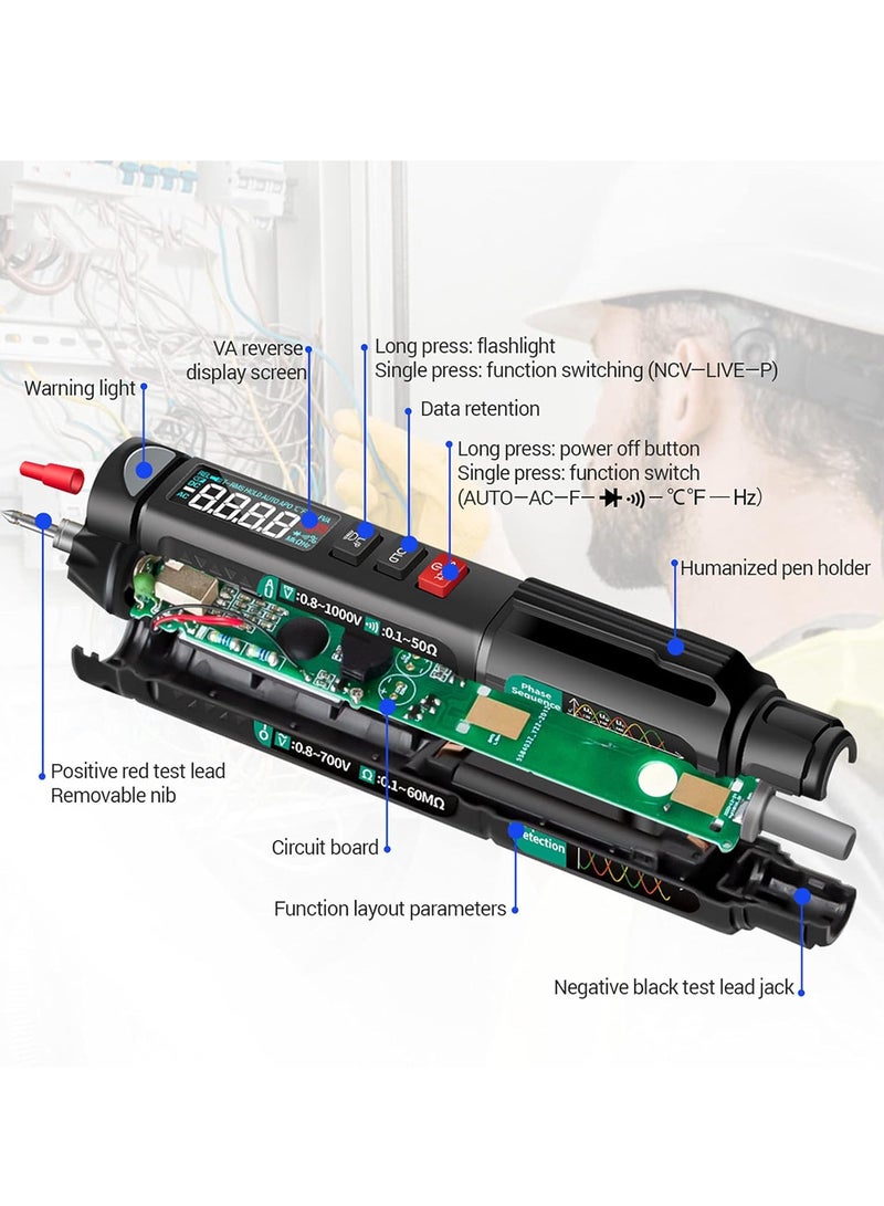 A3008 Pen Multimeter 6000 Counts Digital Multimeter Meter Tester with LCD Display Backlight Flashlight NCV Auto-off Multiple Accessories for Voltage Current Resistance Capacitance Diode