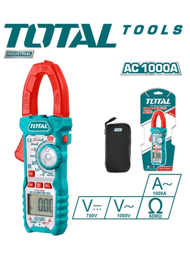 Total Digital AC Clamp Meter - 1000A AC Current, DC Voltage, Resistance, Capacitance & Frequency with Backlight & Batteries Included