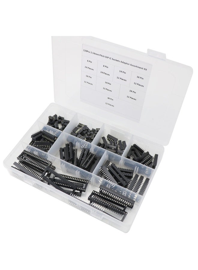 Zovfam  120Pcs 2.54mm Pitch Dual Row DIP IC Sockets Solder Type Adaptor Assortment Kit -6 8 14 16 18 24 28 40 Pin IC Socket