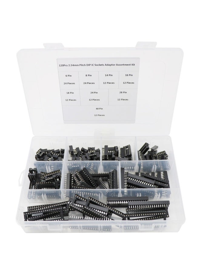 Zovfam  120Pcs 2.54mm Pitch Dual Row DIP IC Sockets Solder Type Adaptor Assortment Kit -6 8 14 16 18 24 28 40 Pin IC Socket