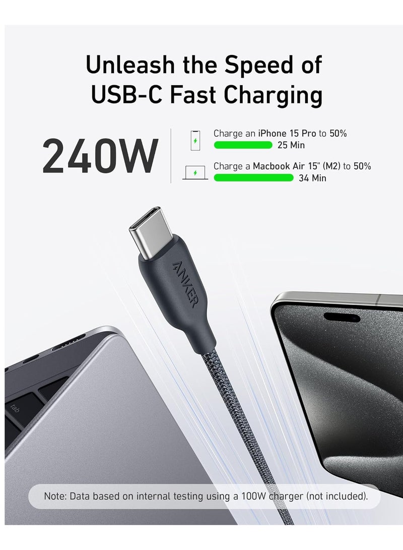 USB C To C Cable (240W, 3 ft), Bio-Braided Fast Charge Cable For iPhone 15/15 Pro, MacBook Pro 2020, iPad Pro 2020, iPad Air 4, Samsung Galaxy S23+/S23 Ultra Phantom Black