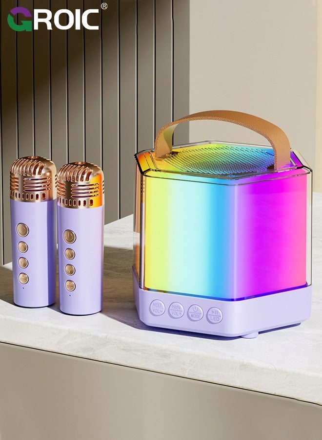 Mini Karaoke Machine with 2 Pcs Wireless Microphone, Bluetooth Portable Karaoke Speaker with Bass and Dazzling Lights for Adults & Kids, Bluetooth Speaker Wireless Singing Machine Disco LED Lights