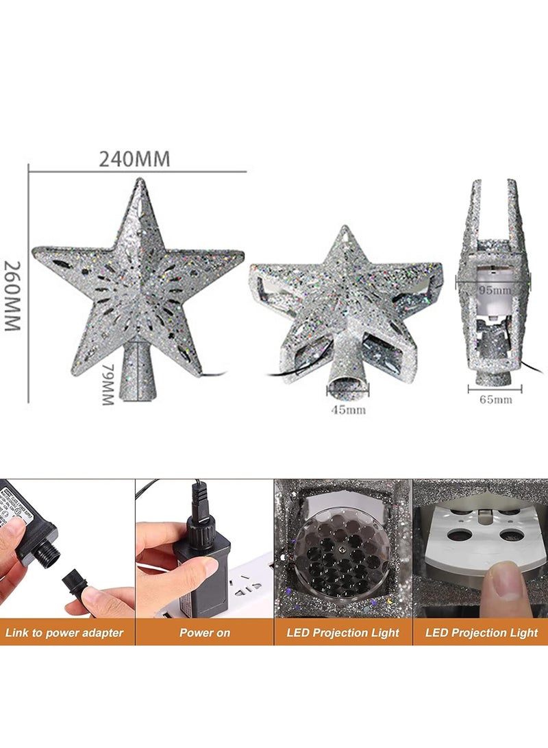 LED Projection Lamp 3D Rotating Snowflake Projection Lamp Five-Pointed Star Tree Decorative Pendant Projection Lamp (Silver Star)