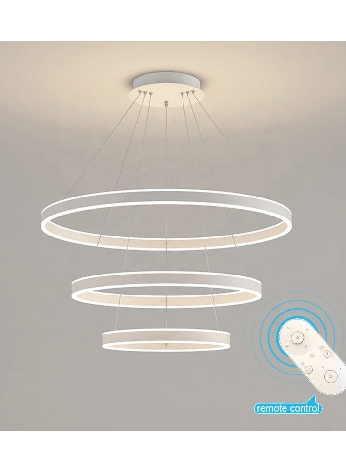 Modern 3 Rings LED Circle Pendant Chandeliers Dimmable with Remote Control 3 Color Hanging light Adjustable for Living room Bedroom Kitchen Dining Office (White, 60cm 40cm 20cm)