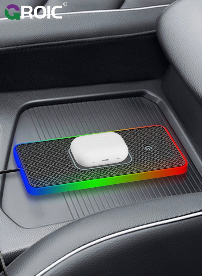 Wireless Car Charger Pad, QI 15W RGB Wireless Charger for Car USB, Wireless Charging Pad with On/Off Button, Car Charger Incl for Apple Air-pods iPhone 15/14/13/12 Samsung S24/S23/S22 (1M Cable)
