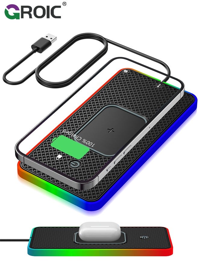 Wireless Car Charger Pad, QI 15W RGB Wireless Charger for Car USB, Wireless Charging Pad with On/Off Button, Car Charger Incl for Apple Air-pods iPhone 15/14/13/12 Samsung S24/S23/S22 (1M Cable)