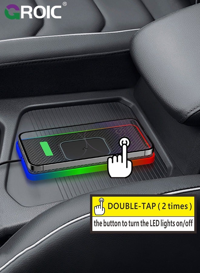Wireless Car Charger Pad, QI 15W RGB Wireless Charger for Car USB, Wireless Charging Pad with On/Off Button, Car Charger Incl for Apple Air-pods iPhone 15/14/13/12 Samsung S24/S23/S22 (1M Cable)