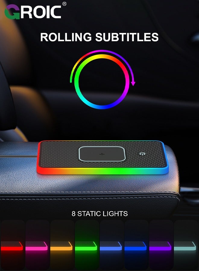Wireless Car Charger Pad, QI 15W RGB Wireless Charger for Car USB, Wireless Charging Pad with On/Off Button, Car Charger Incl for Apple Air-pods iPhone 15/14/13/12 Samsung S24/S23/S22 (1M Cable)