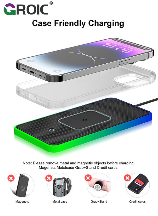 Wireless Car Charger Pad, QI 15W RGB Wireless Charger for Car USB, Wireless Charging Pad with On/Off Button, Car Charger Incl for Apple Air-pods iPhone 15/14/13/12 Samsung S24/S23/S22 (1M Cable)