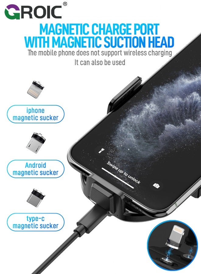 Wireless Car Charger Phone Mount, auto Clamping arms, Holder 15W, for I phone15,14,13,12,Galaxy s23,22,21,20 with Magnetic Port Chargers, Safe air Vent Connection, Compatible with Thick Cases