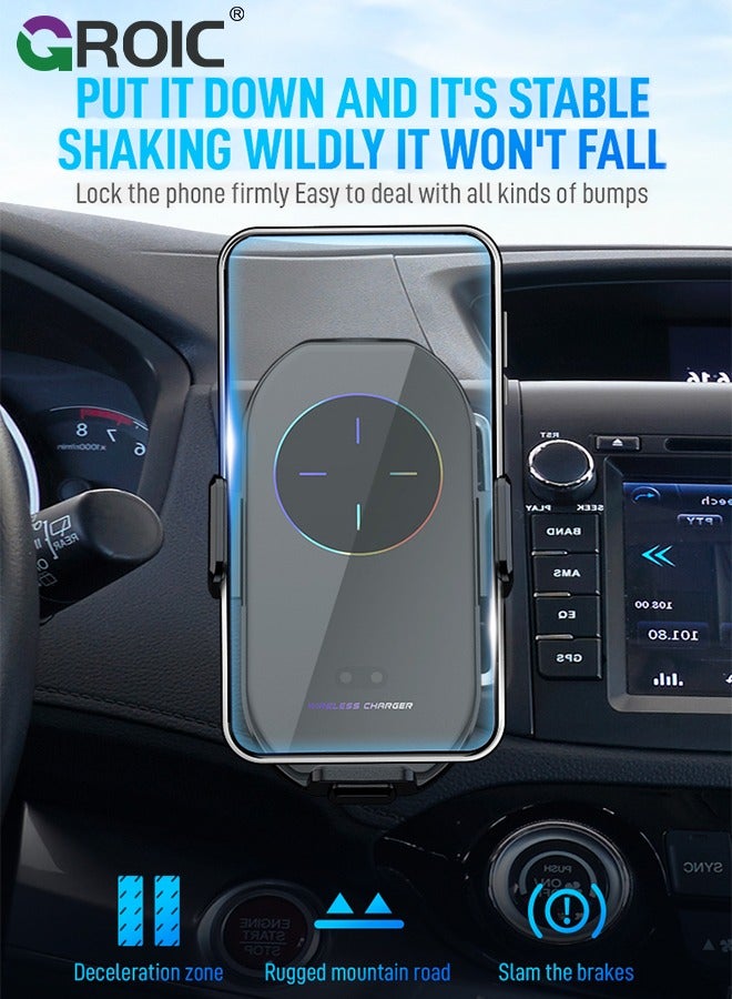Wireless Car Charger Phone Mount, auto Clamping arms, Holder 15W, for I phone15,14,13,12,Galaxy s23,22,21,20 with Magnetic Port Chargers, Safe air Vent Connection, Compatible with Thick Cases