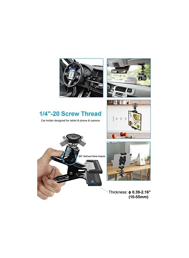 Sun Visor Car Tablet Holder, Visor Clip Tablet Mount for Car, 360° Rotation Universal Steering Wheel Tablet Clamp with 1/4'' Screw for iPad Pro Air Mini, Phone, Switch, 4.7-13