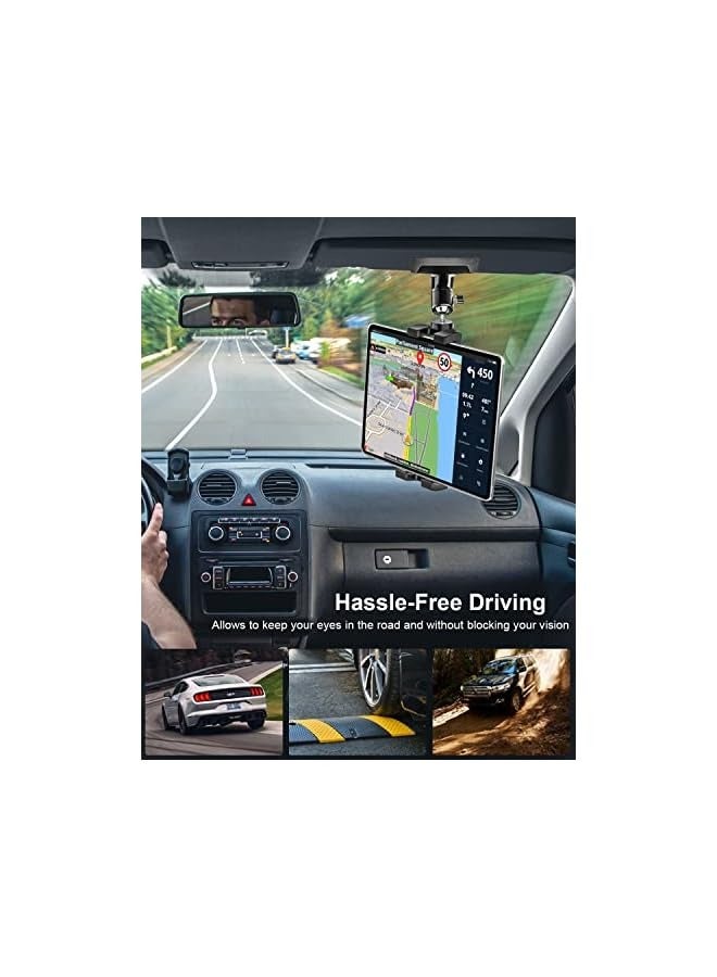 Sun Visor Car Tablet Holder, Visor Clip Tablet Mount for Car, 360° Rotation Universal Steering Wheel Tablet Clamp with 1/4'' Screw for iPad Pro Air Mini, Phone, Switch, 4.7-13