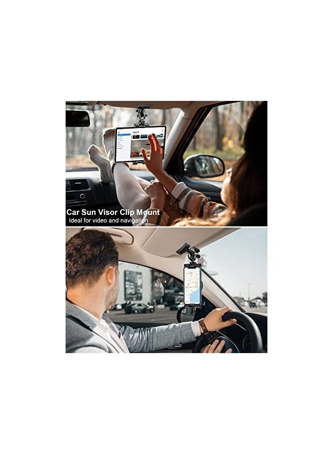 Sun Visor Car Tablet Holder, Visor Clip Tablet Mount for Car, 360° Rotation Universal Steering Wheel Tablet Clamp with 1/4'' Screw for iPad Pro Air Mini, Phone, Switch, 4.7-13