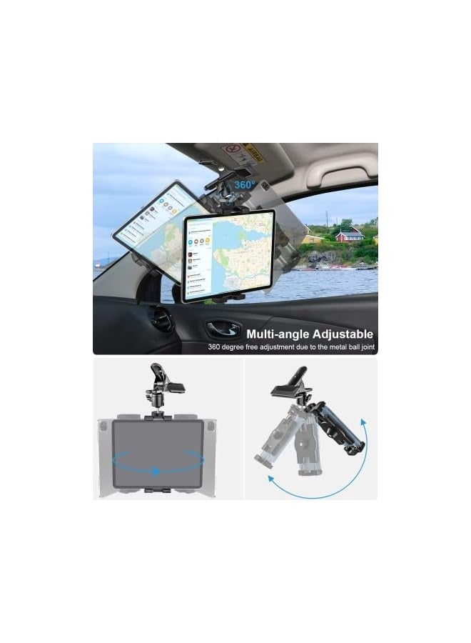 Sun Visor Car Tablet Holder, Visor Clip Tablet Mount for Car, 360° Rotation Universal Steering Wheel Tablet Clamp with 1/4'' Screw for iPad Pro Air Mini, Phone, Switch, 4.7-13