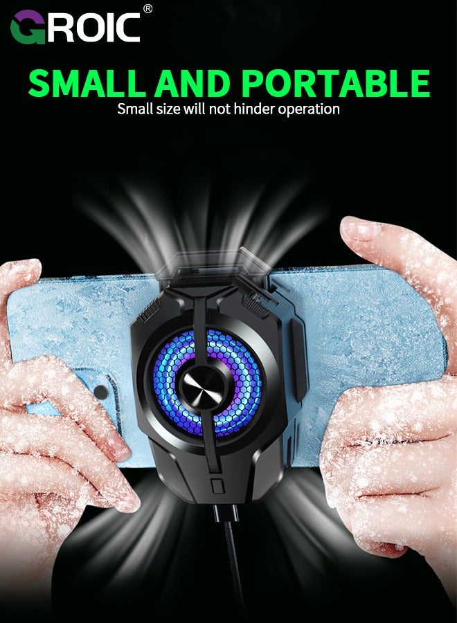 Phone Cooler with Rechargeable Battery, Phone Cooling Fan for Gaming Fit All Types of iPhone Android Smartphones, Mobile Phone Radiator with Universal Clamp/RGB LEDS