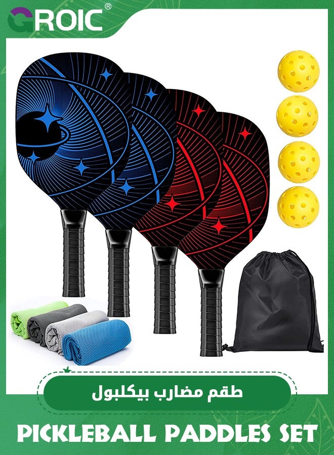 4 Pcs Pickleball Paddles, Pickleball Set with 4 Premium Wood Pickleball Paddles, 4 Pickleball Balls, 4 Cooling Towels & Carry Bag, Pickleball Rackets with Ergonomic Cushion Grip