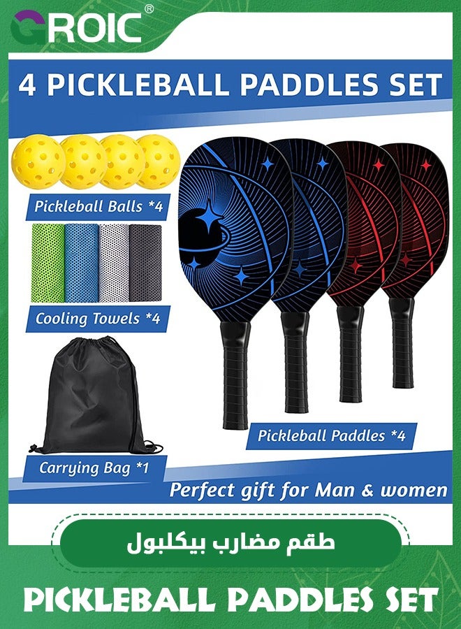 4 Pcs Pickleball Paddles, Pickleball Set with 4 Premium Wood Pickleball Paddles, 4 Pickleball Balls, 4 Cooling Towels & Carry Bag, Pickleball Rackets with Ergonomic Cushion Grip