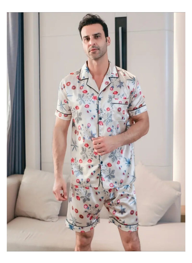 2 Pieces Mens  Short Sleeves Pajama Set Satin Loungewear For Men