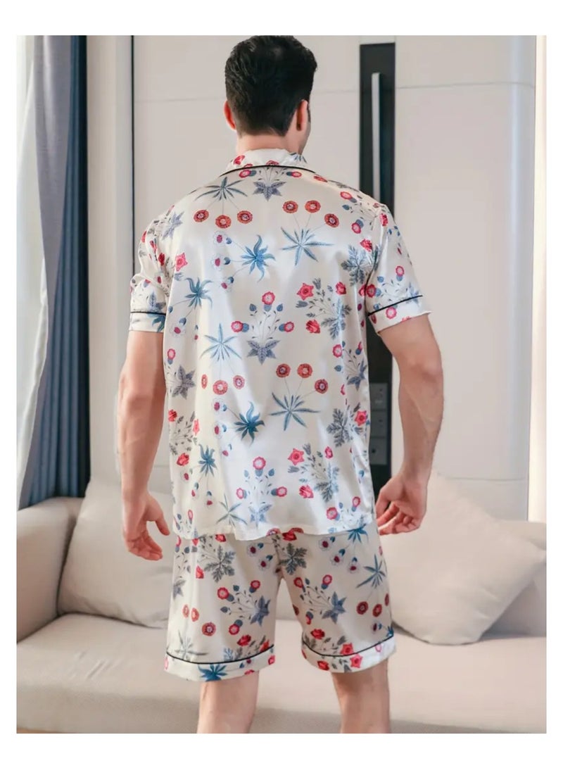 2 Pieces Mens  Short Sleeves Pajama Set Satin Loungewear For Men